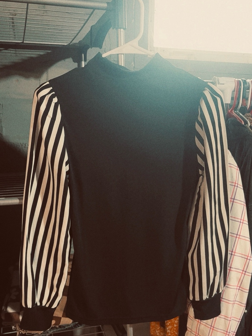 Womens Black Long Sleeve Tee with Black-and-White Striped Sleeves